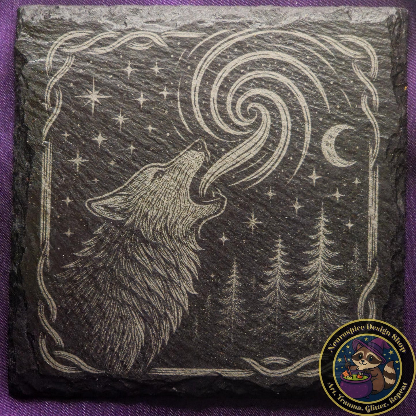 Mystical Howling Wolf Slate Coaster - Laser Engraved Forest Moon Decor for DnD Altars & Cottagecore Homes My Store