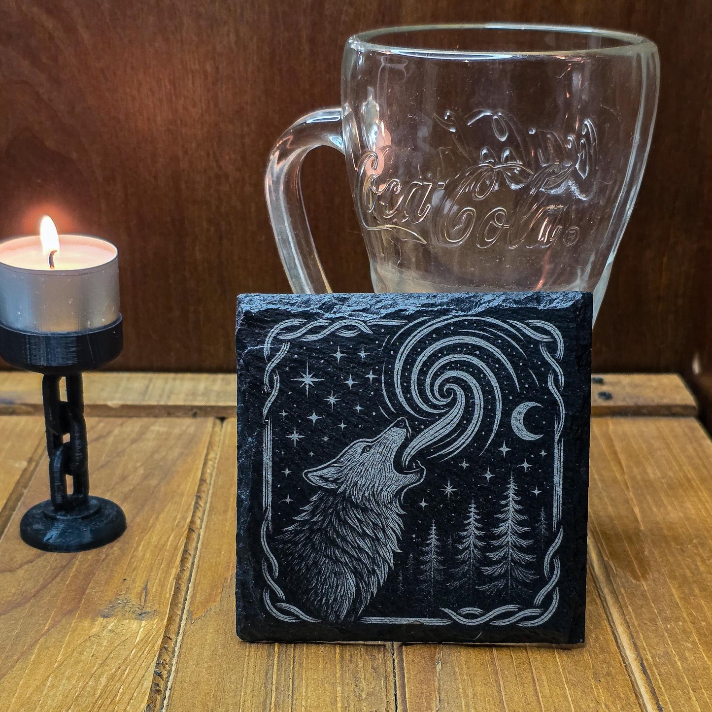 Mystical Howling Wolf Slate Coaster - Laser Engraved Forest Moon Decor for DnD Altars & Cottagecore Homes My Store