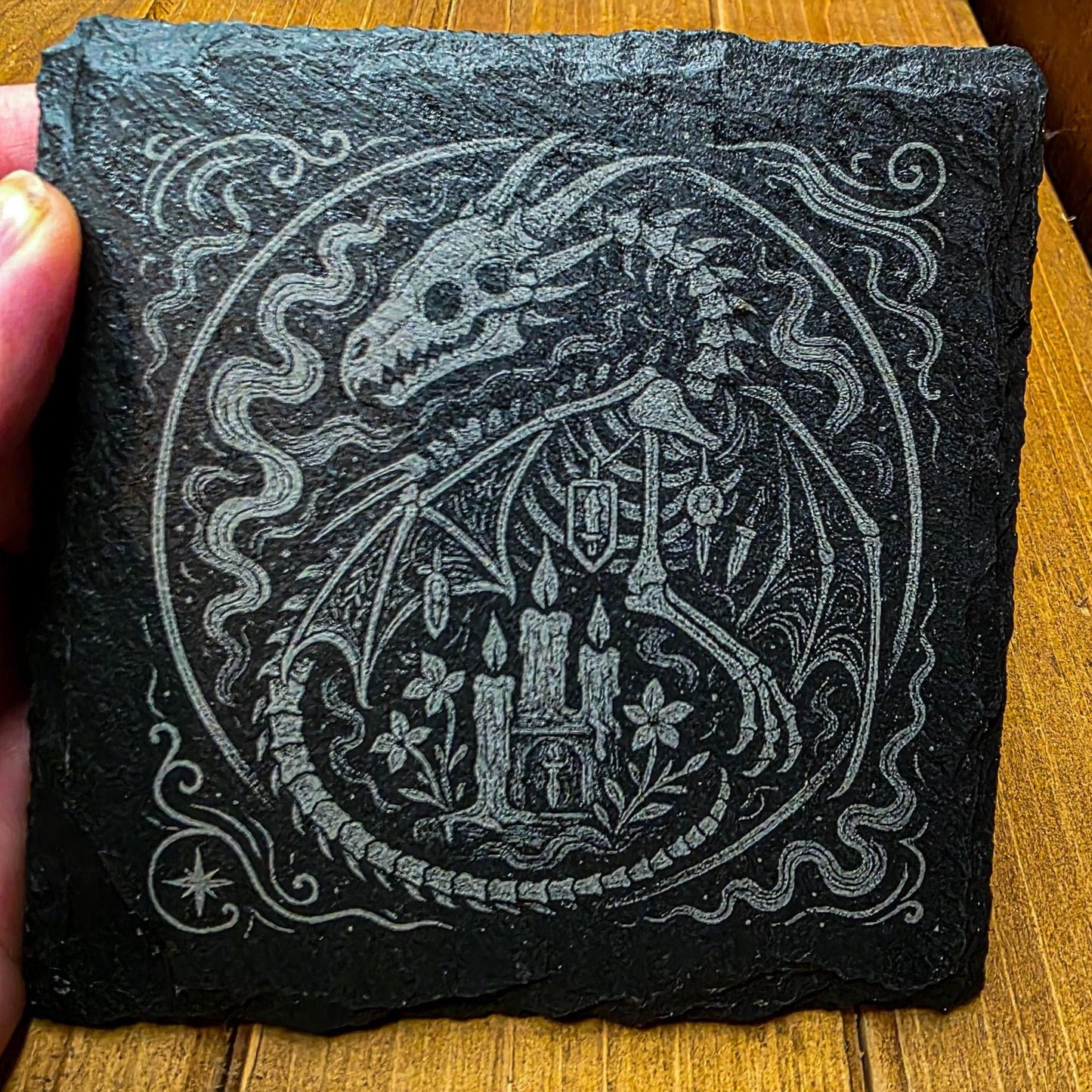 Fantasy Slate Engraved Coaster: Gothic Rune Fallen Dragon My Store