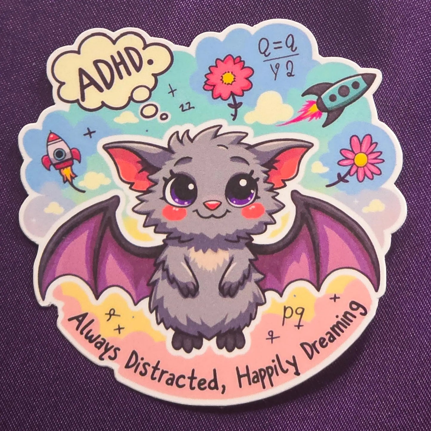 Sticker showing a cartoon bat with ADHD on a colorful background and text