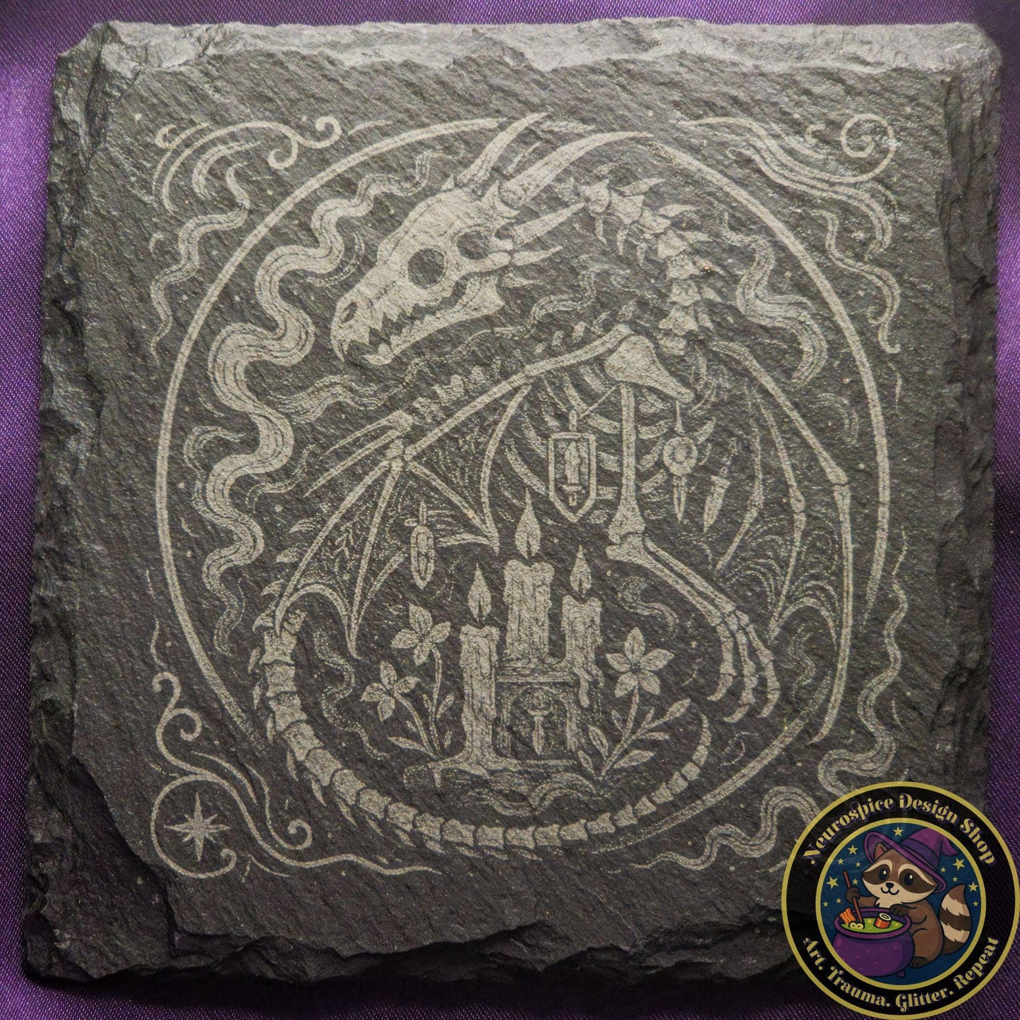 Fantasy Slate Engraved Coaster: Gothic Rune Fallen Dragon My Store
