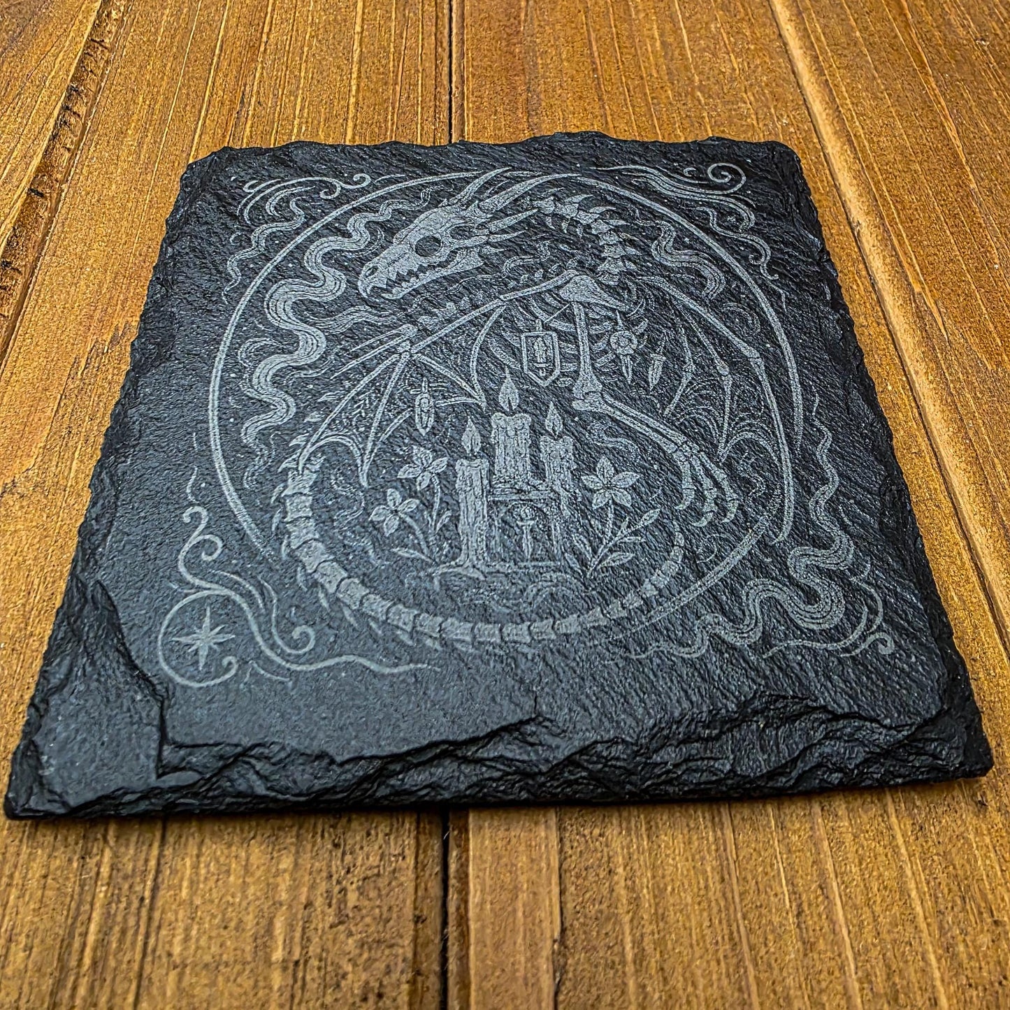 Fantasy Slate Engraved Coaster: Gothic Rune Fallen Dragon My Store