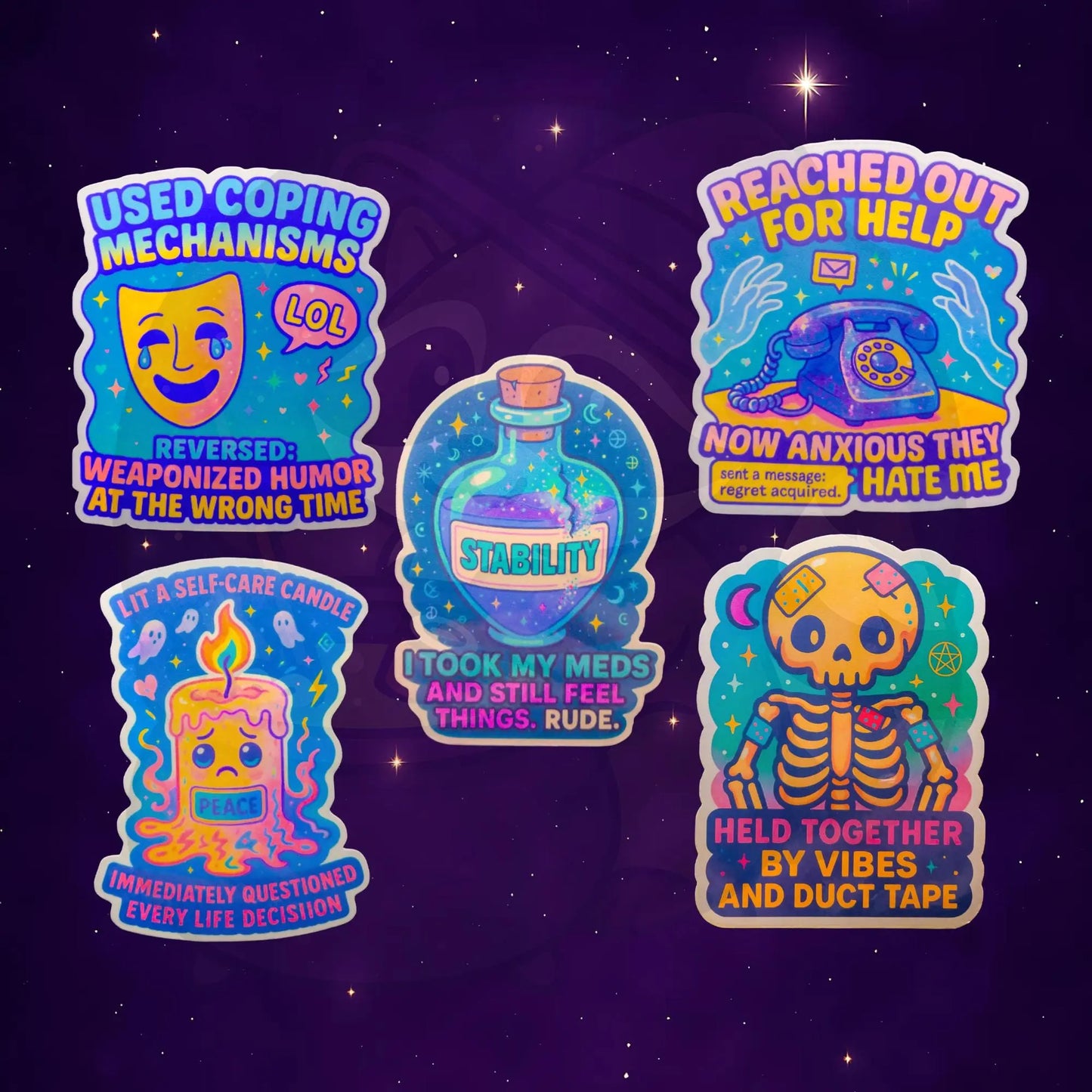 Illustrated stickers on a starry background with humorous mental health themes: coping mechanisms, medication, self-care, communication, and resilience.