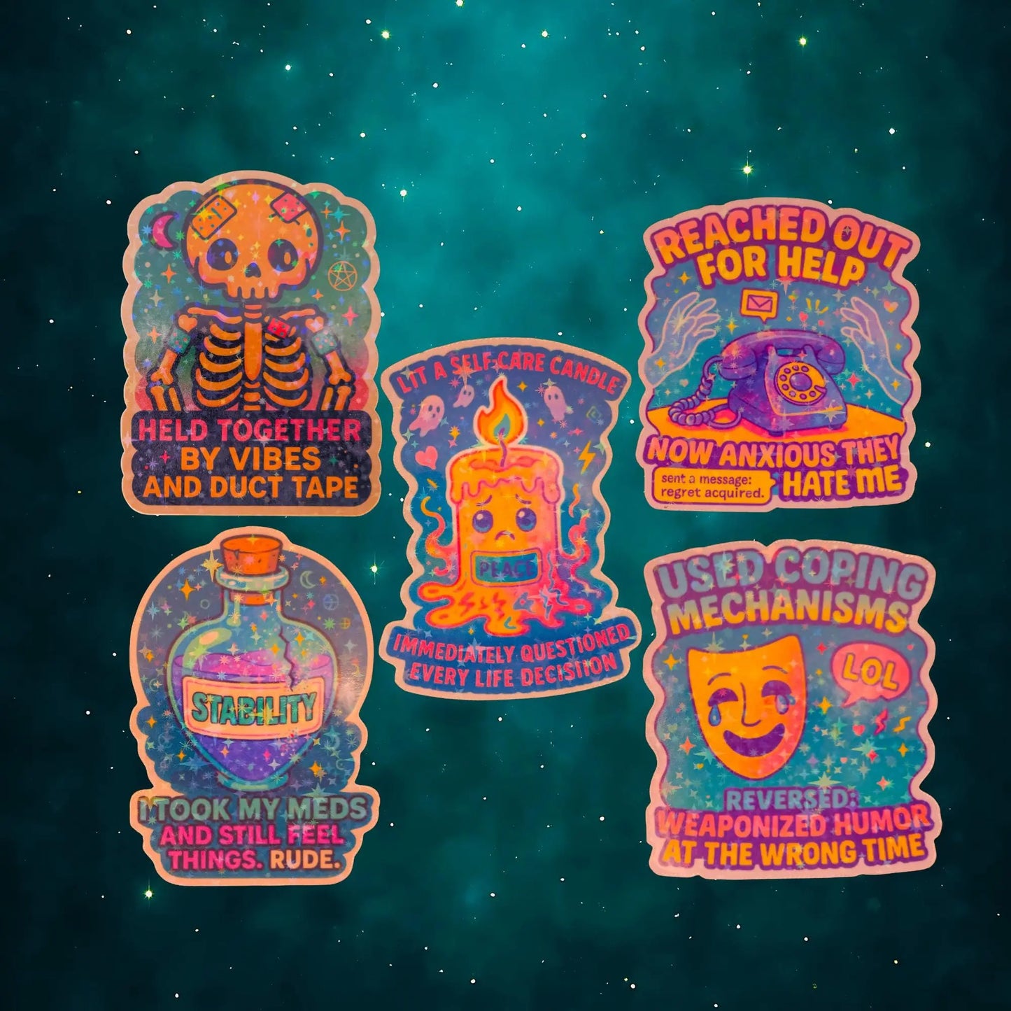 Five colorful stickers on a starry teal background. Each combines quirky art with humorous text about mental health, evoking a playful, relatable tone.