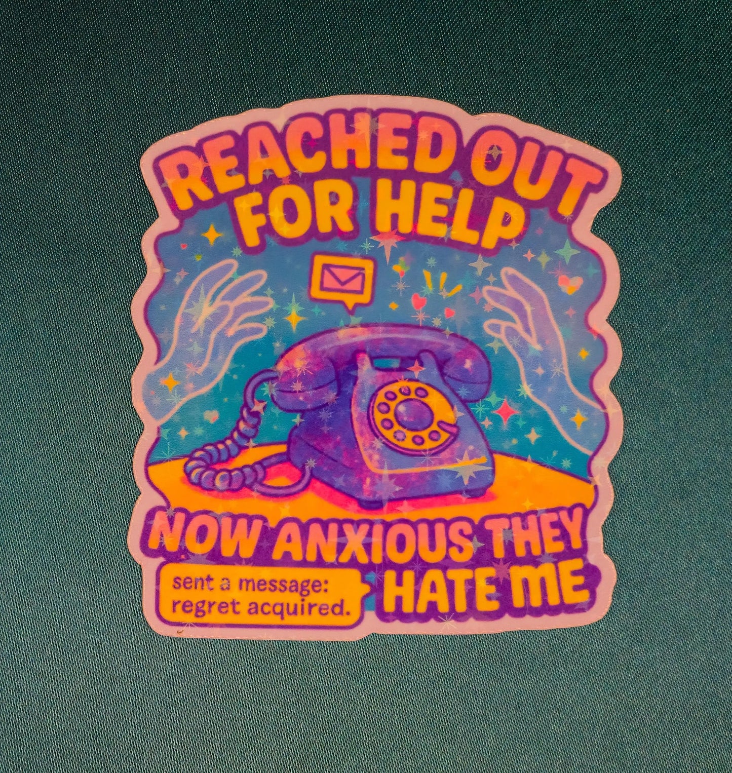 Retro phone with hands and stars, surrounded by text: "Reached out for help, now anxious they hate me." Emphasizes anxiety and seeking help.