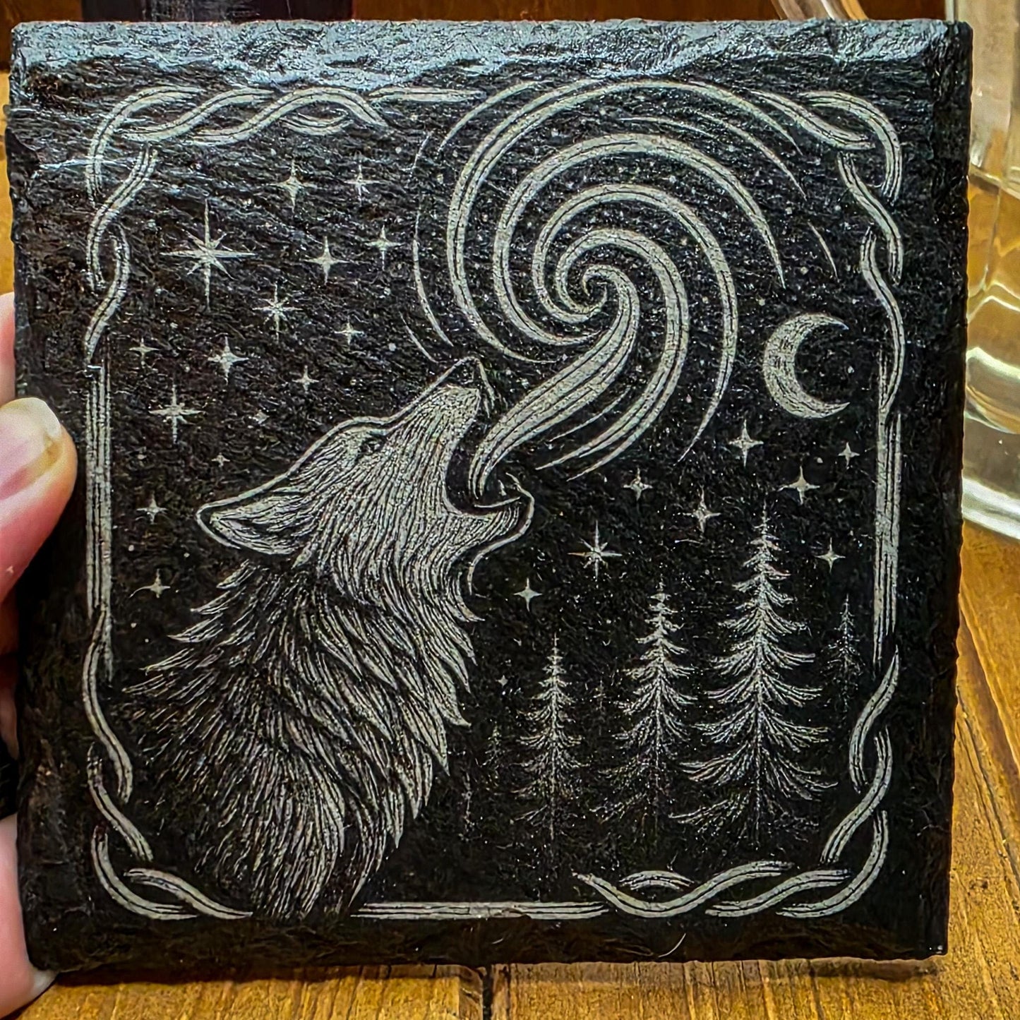 Mystical Howling Wolf Slate Coaster - Laser Engraved Forest Moon Decor for DnD Altars & Cottagecore Homes My Store