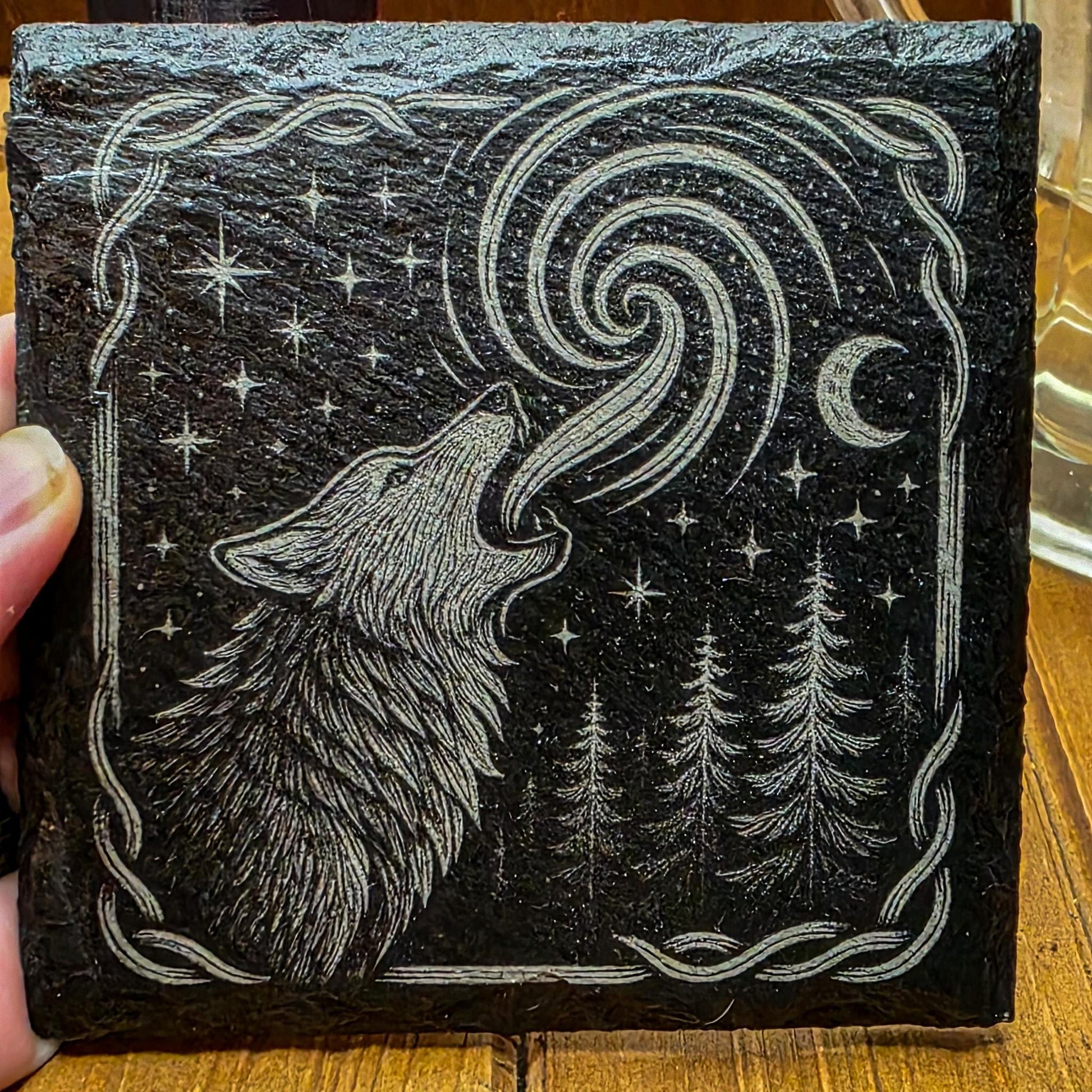 Mystical Howling Wolf Slate Coaster - Laser Engraved Forest Moon Decor for DnD Altars & Cottagecore Homes My Store