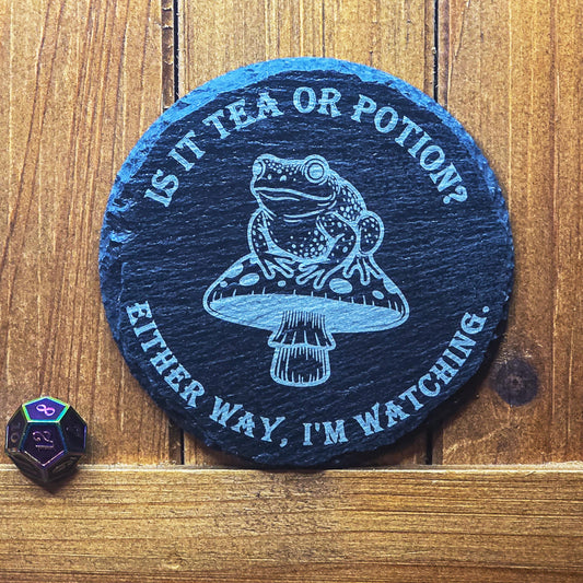 Laser Engraved Slate Coaster – Witchy Frog on Mushroom Design My Store