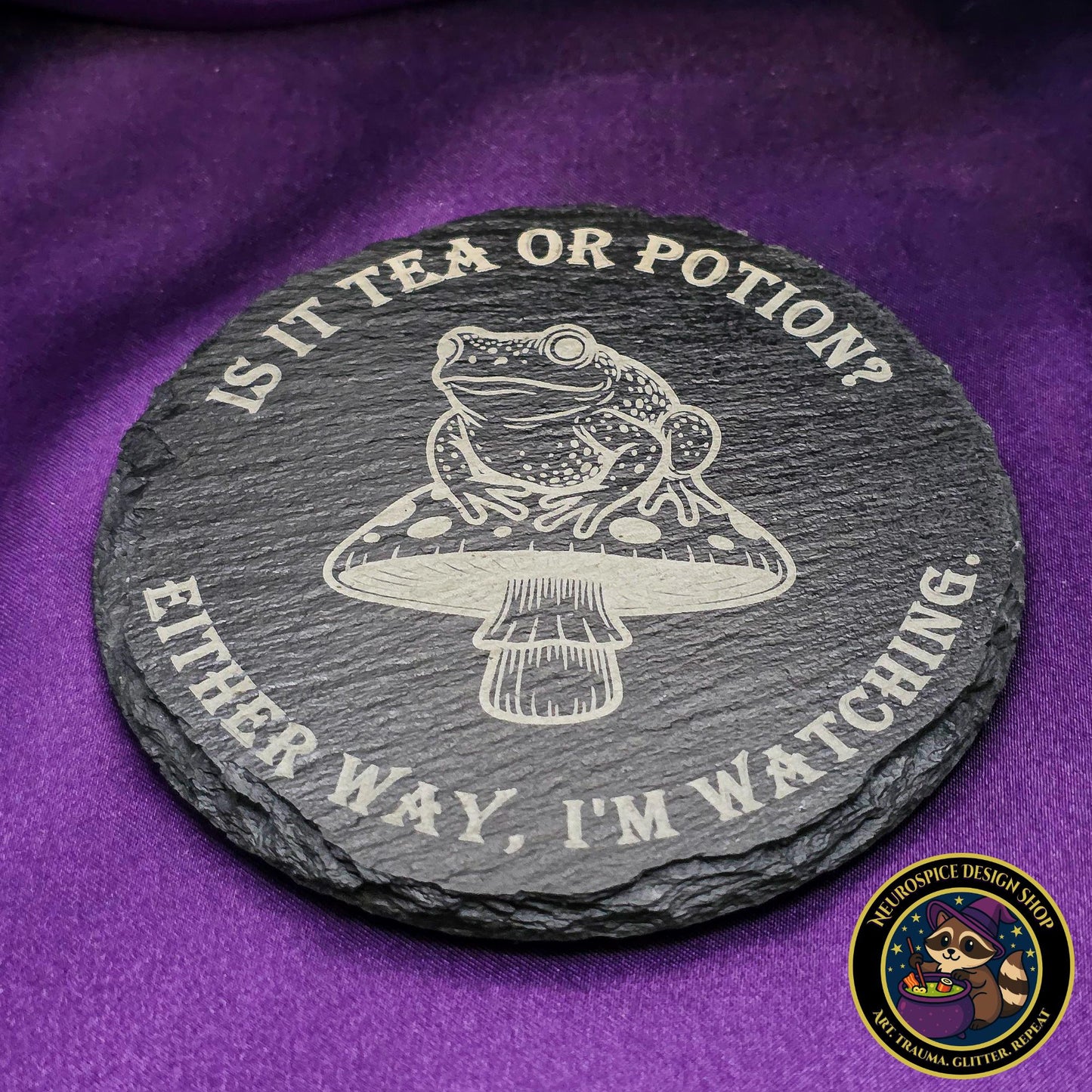 Laser Engraved Slate Coaster – Witchy Frog on Mushroom Design My Store