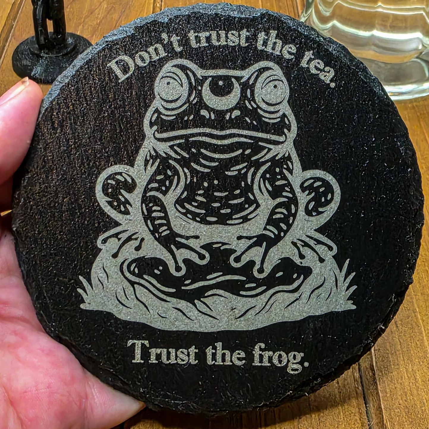 Laser Engraved Coaster – Slate “Trust the Frog” Witchy Tea Design – Gothic Fantasy Drinkware My Store