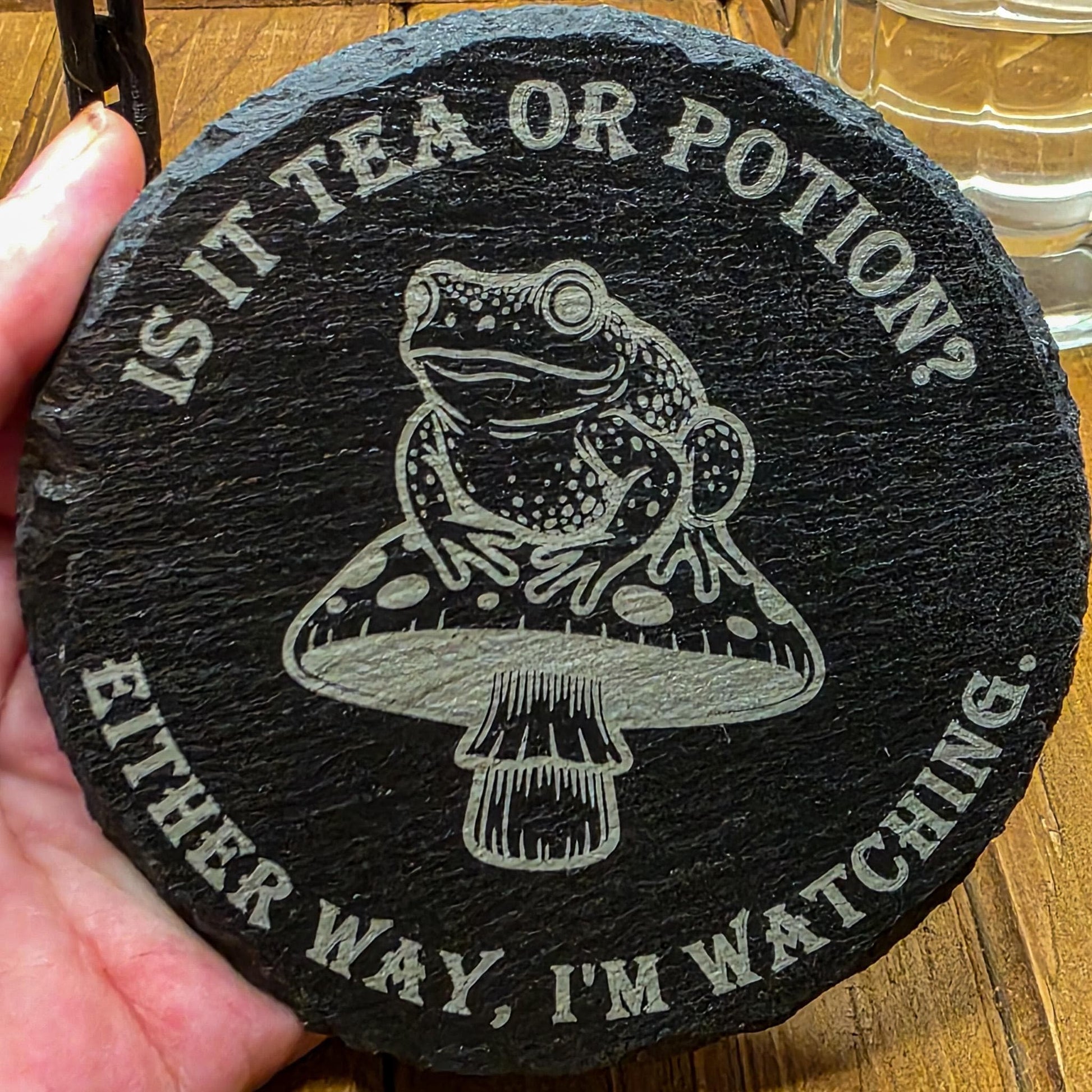 Laser Engraved Slate Coaster – Witchy Frog on Mushroom Design My Store