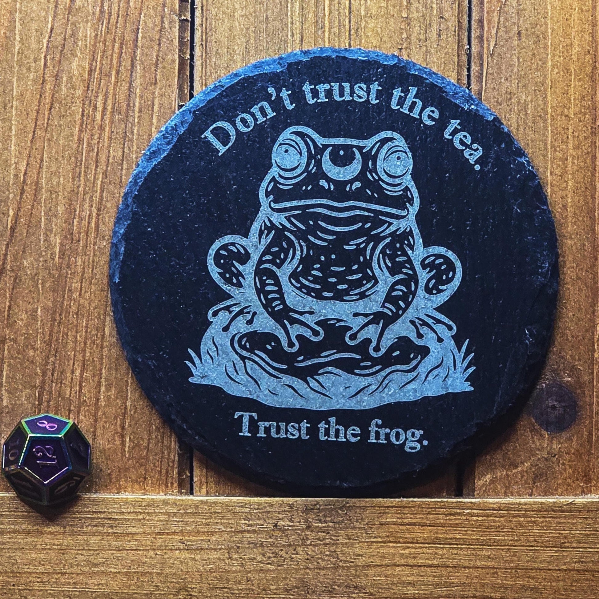 Laser Engraved Coaster – Slate “Trust the Frog” Witchy Tea Design – Gothic Fantasy Drinkware My Store