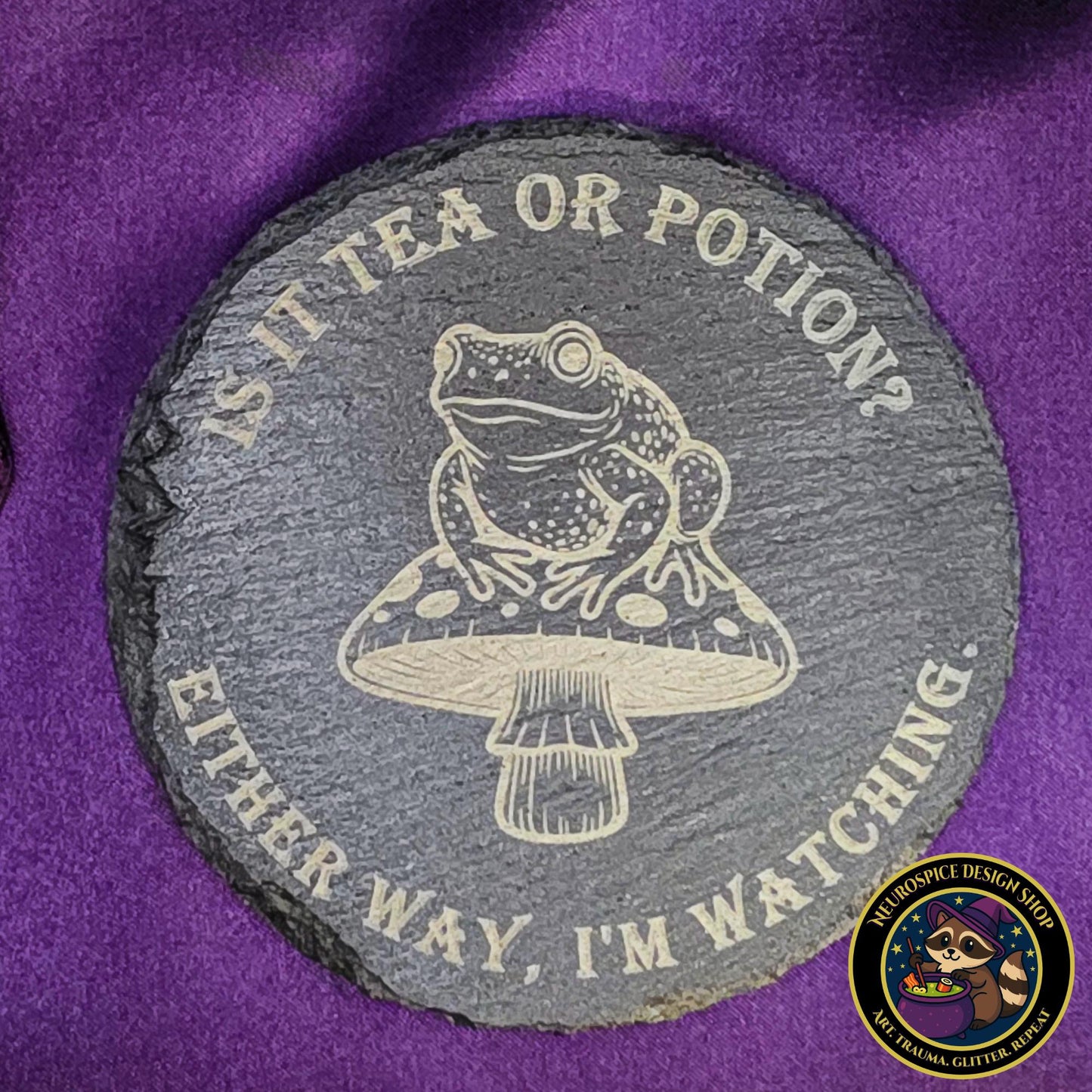 Laser Engraved Slate Coaster – Witchy Frog on Mushroom Design My Store