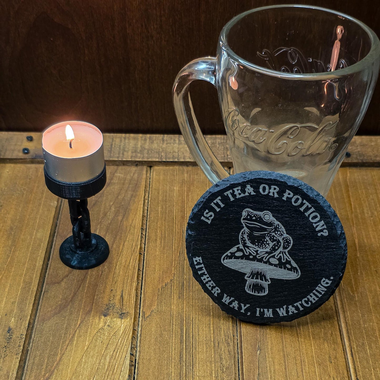 Laser Engraved Slate Coaster – Witchy Frog on Mushroom Design My Store