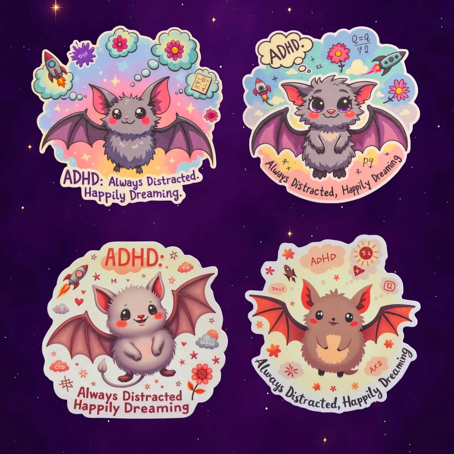Cute bat illustrations with wings spread, featuring vibrant colors and flowers. Text on each reads "ADHD: Always Distracted, Happily Dreaming." Starry purple background.