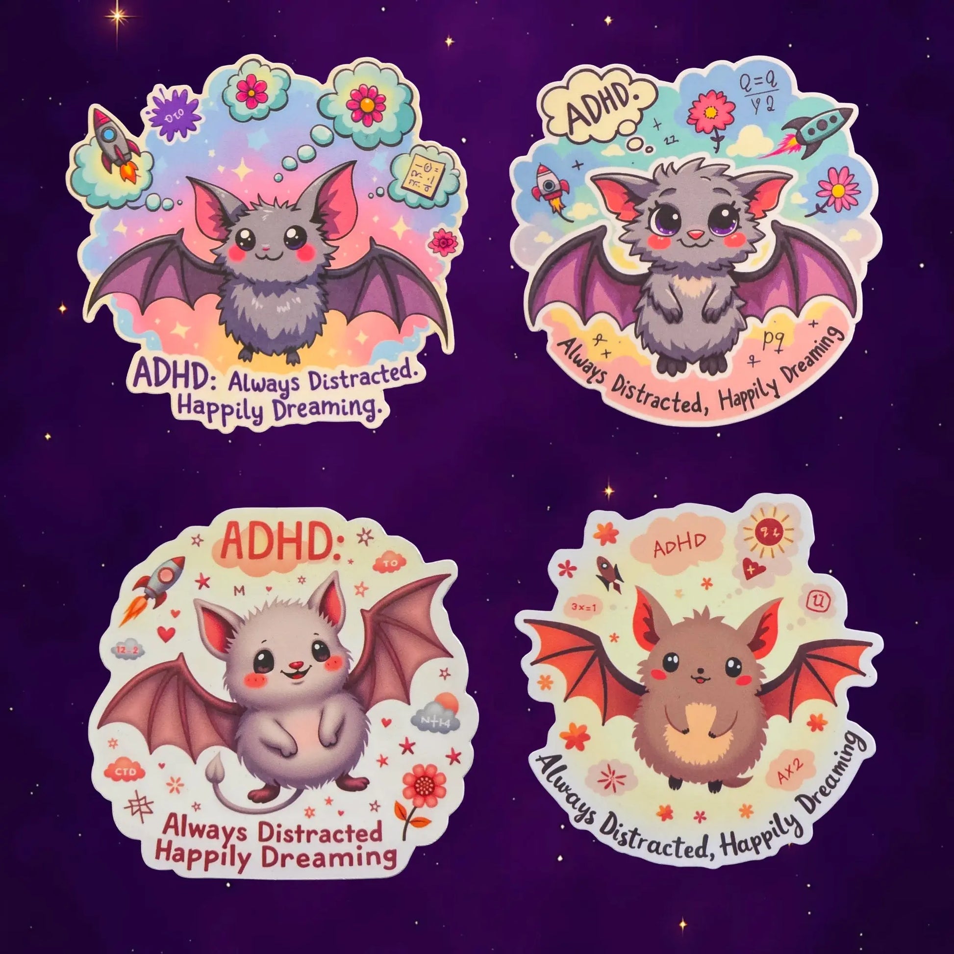 Cute bat illustrations with wings spread, featuring vibrant colors and flowers. Text on each reads "ADHD: Always Distracted, Happily Dreaming." Starry purple background.