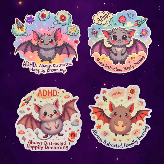 Cute bat illustrations with wings spread, featuring vibrant colors and flowers. Text on each reads "ADHD: Always Distracted, Happily Dreaming." Starry purple background.