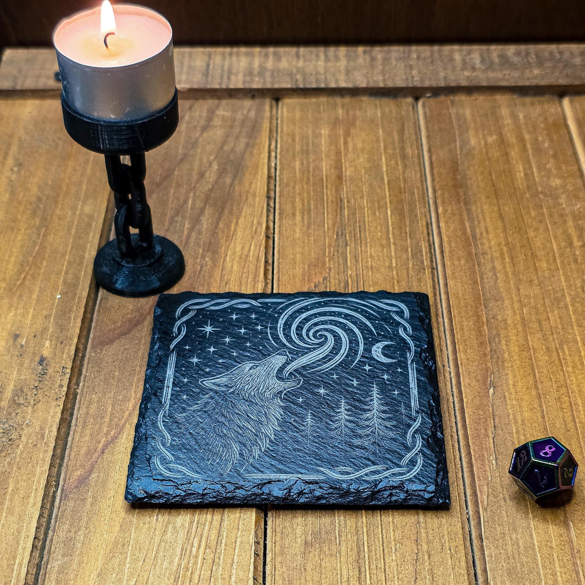 Mystical Howling Wolf Slate Coaster - Laser Engraved Forest Moon Decor for DnD Altars & Cottagecore Homes My Store