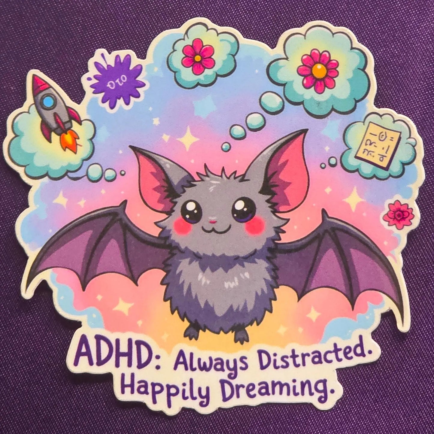 sticker featuring a cartoon bat with colorful background and text 'ADHD: Always Distracted. Happily Dreaming.'