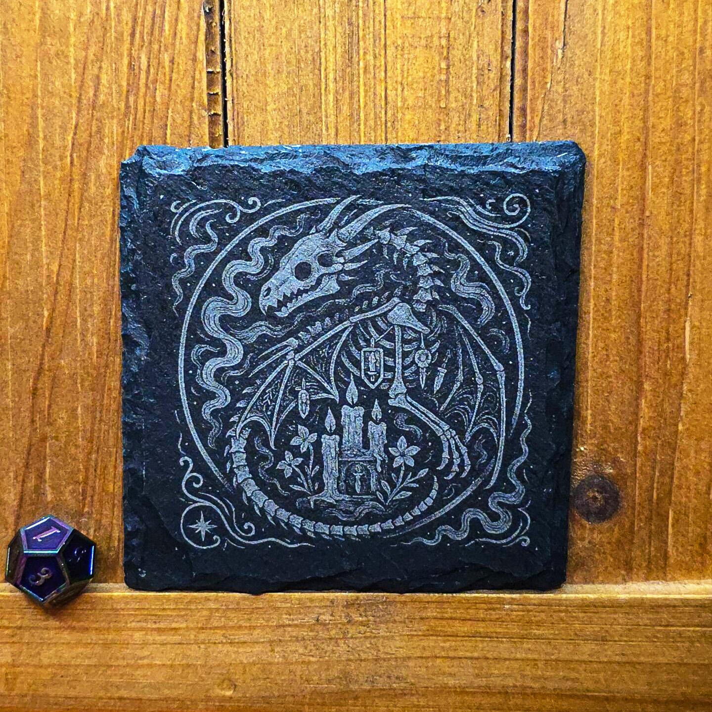Fantasy Slate Engraved Coaster: Gothic Rune Fallen Dragon My Store