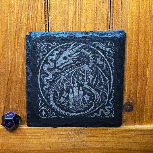Fantasy Slate Engraved Coaster: Gothic Rune Fallen Dragon My Store