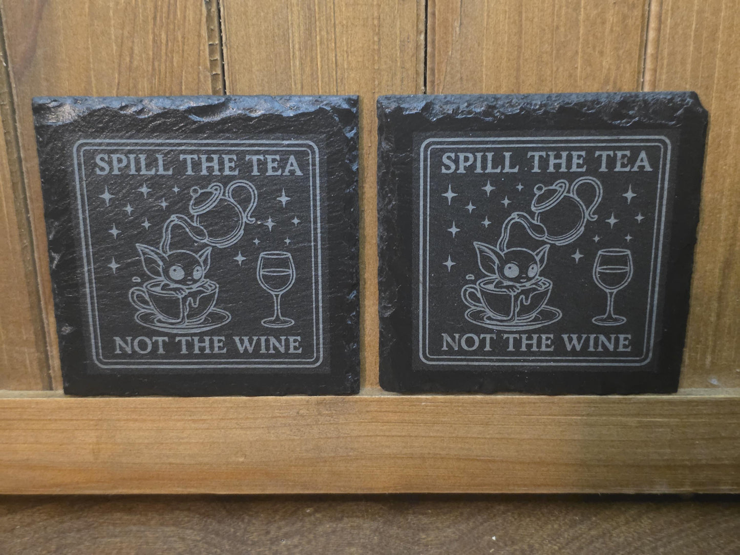 Laser Engraved Slate Coaster: Spill the Tea, Not the Wine - Witchy Home Decor Gift My Store