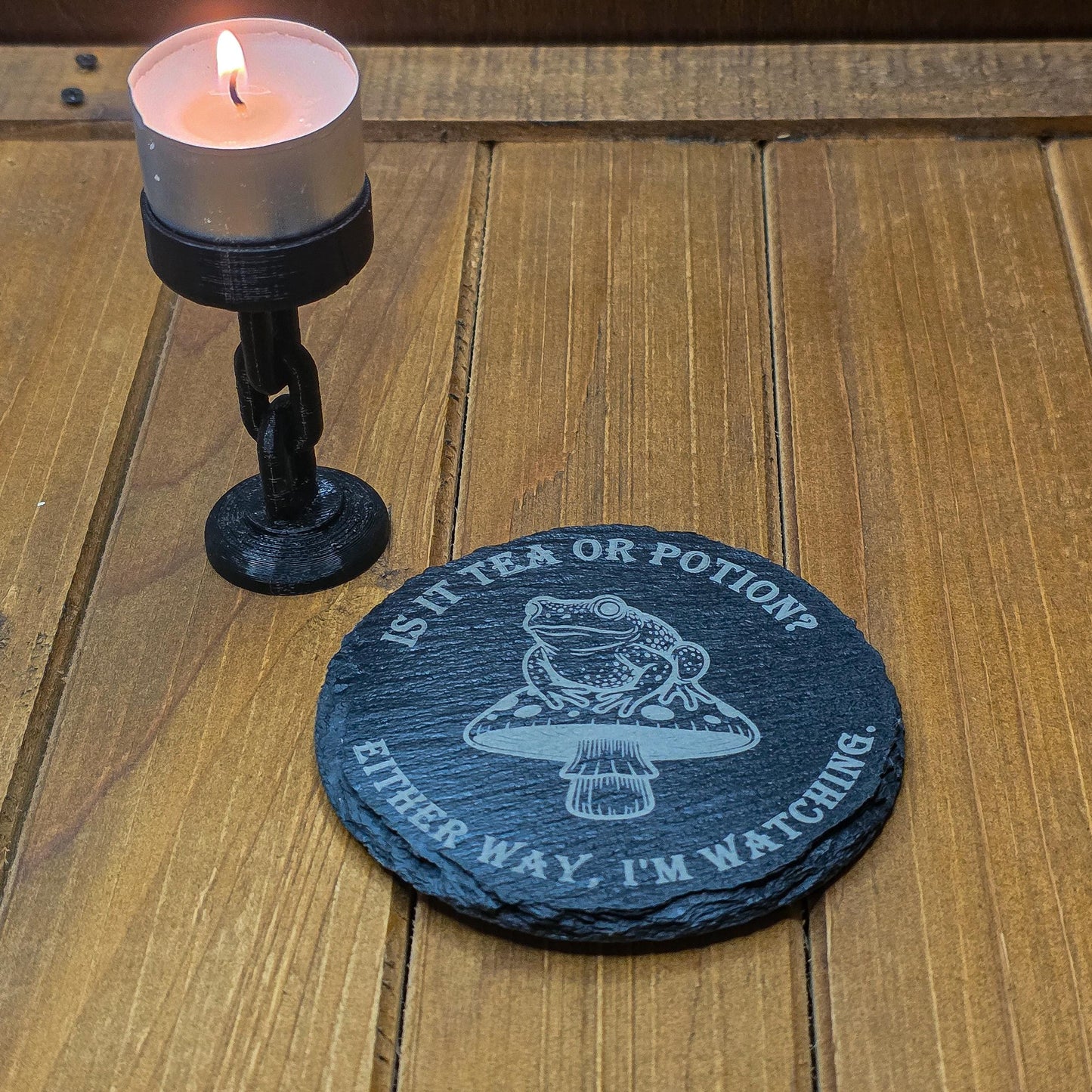 Laser Engraved Slate Coaster – Witchy Frog on Mushroom Design My Store
