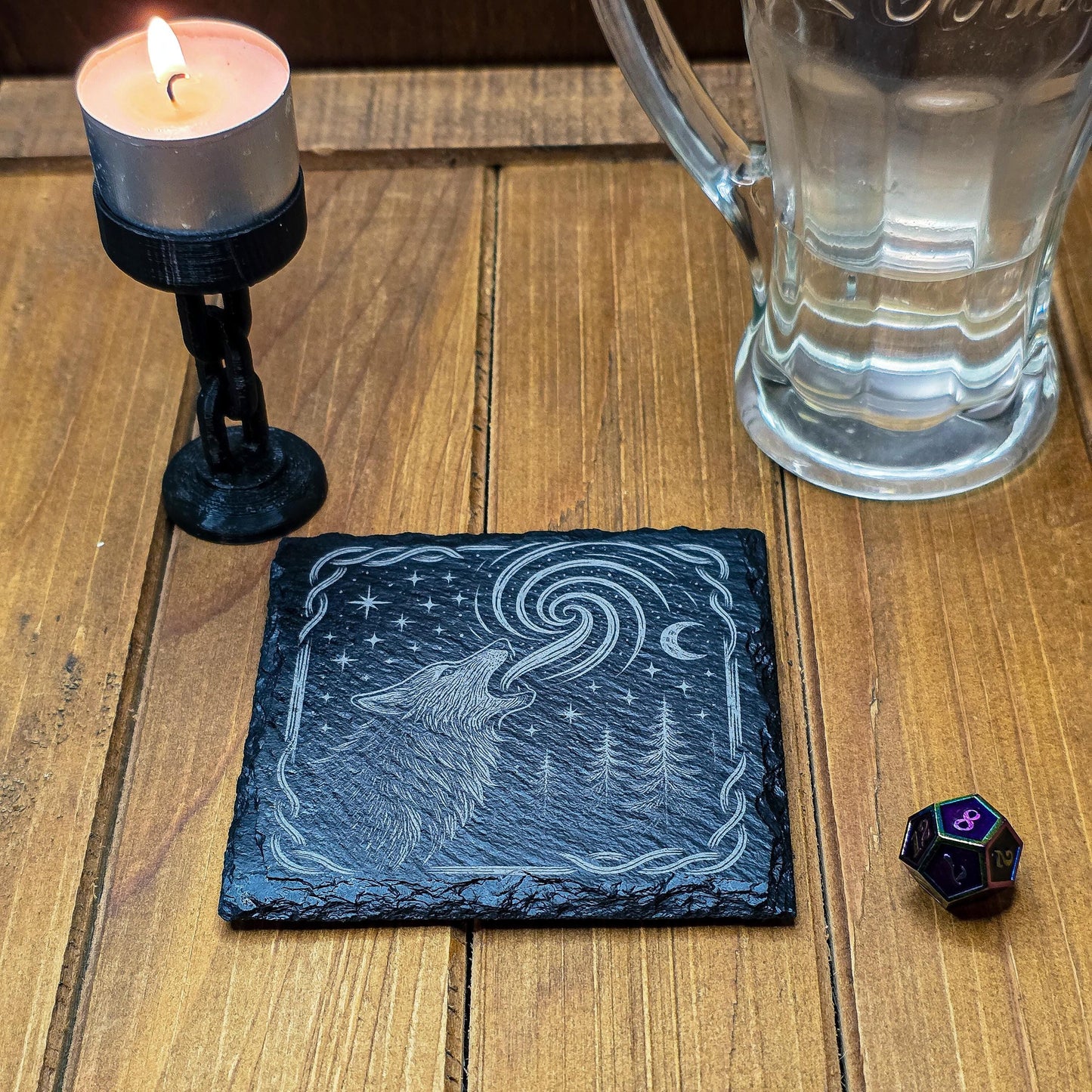 Mystical Howling Wolf Slate Coaster - Laser Engraved Forest Moon Decor for DnD Altars & Cottagecore Homes My Store