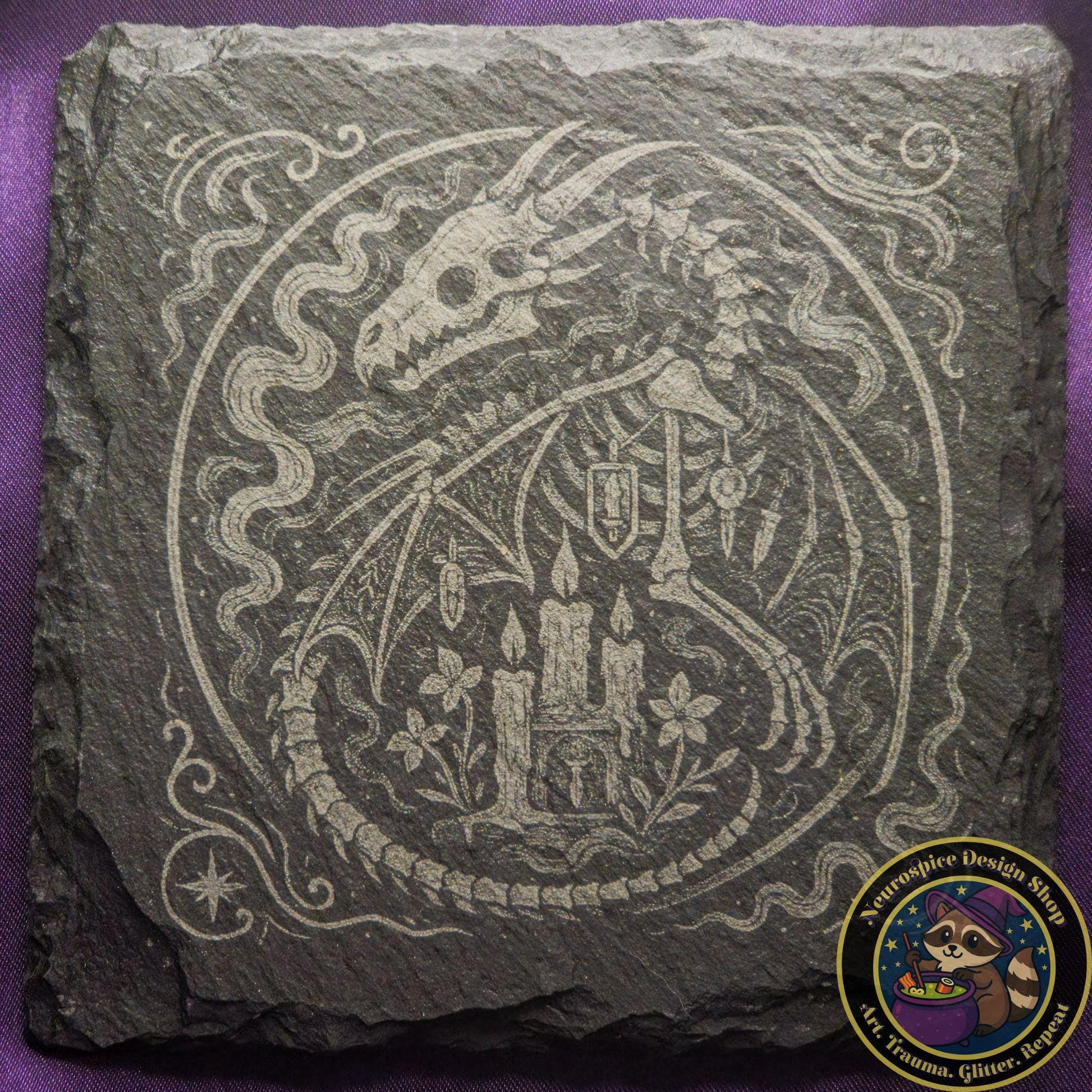 Fantasy Slate Engraved Coaster: Gothic Rune Fallen Dragon My Store
