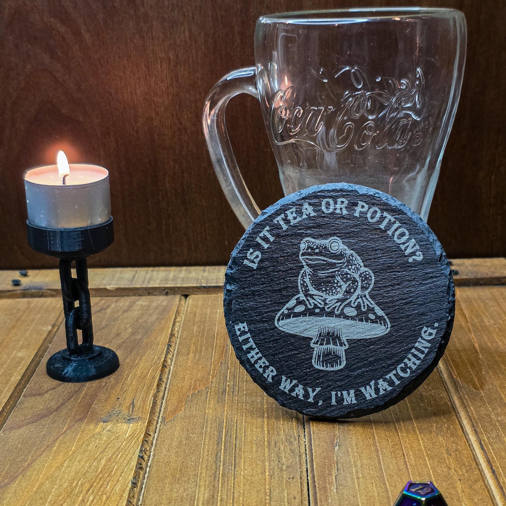 Laser Engraved Slate Coaster – Witchy Frog on Mushroom Design My Store