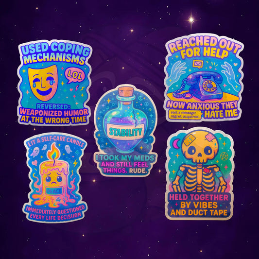 Illustrated stickers on a starry background with humorous mental health themes: coping mechanisms, medication, self-care, communication, and resilience.