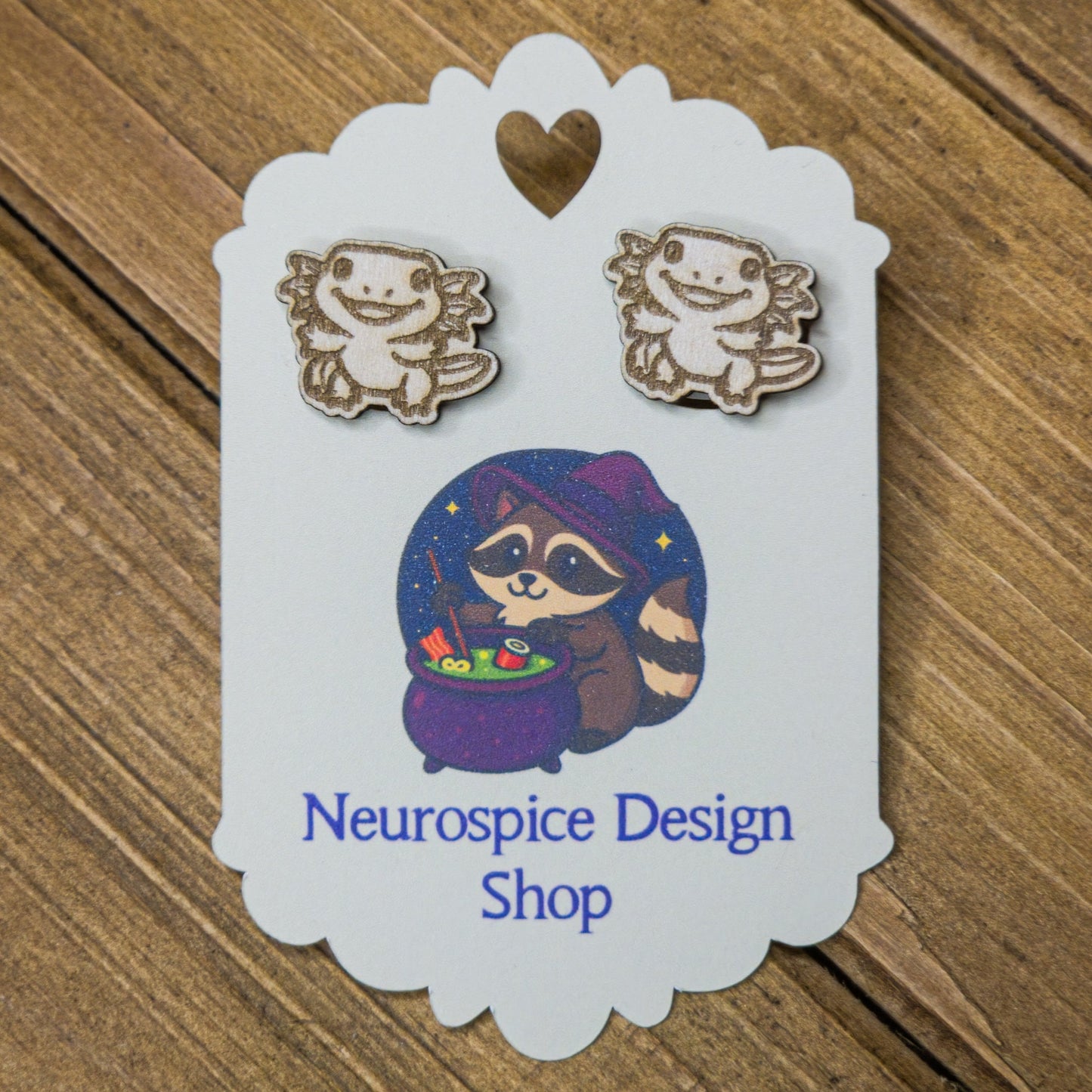 Laser Engraved Earrings – Cute Axolotl Design – Wooden Fantasy Jewelry My Store